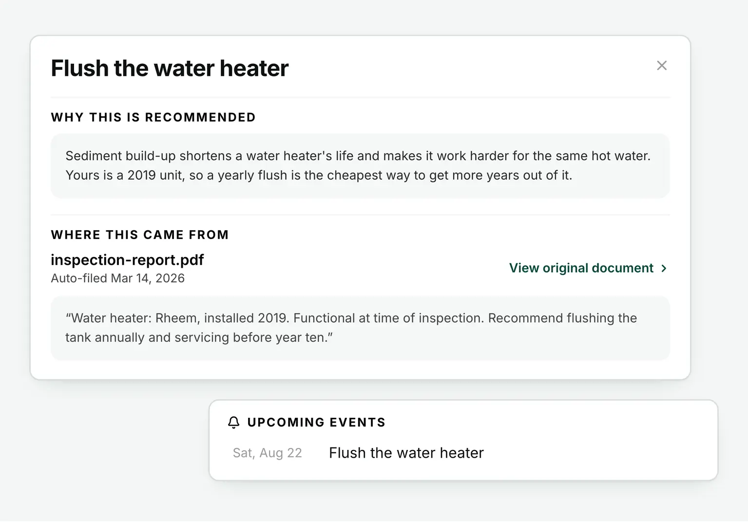 A HouseFacts recommended task, Flush the water heater, showing why it is recommended, the inspection report it was drawn from with the inspector's exact line quoted, and the calendar entry it became