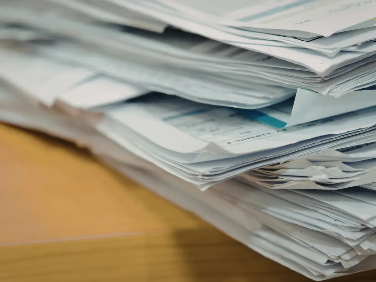 A large stack of paper receipts and bills piled on a wooden desk