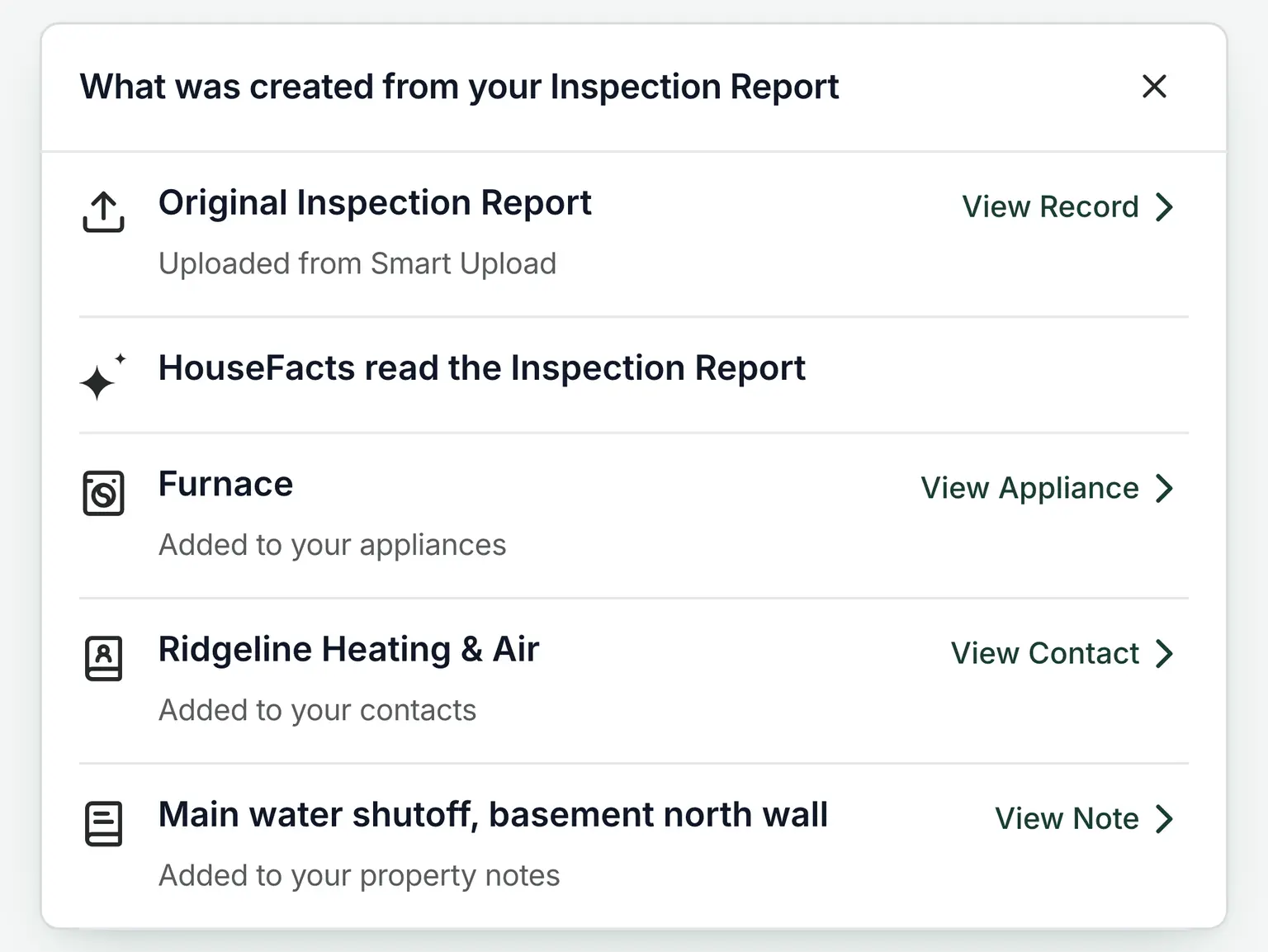 A HouseFacts Smart Record headed What was created from your Inspection Report, listing the furnace, the heating contractor and the water shutoff note that one uploaded report added to the home's record
