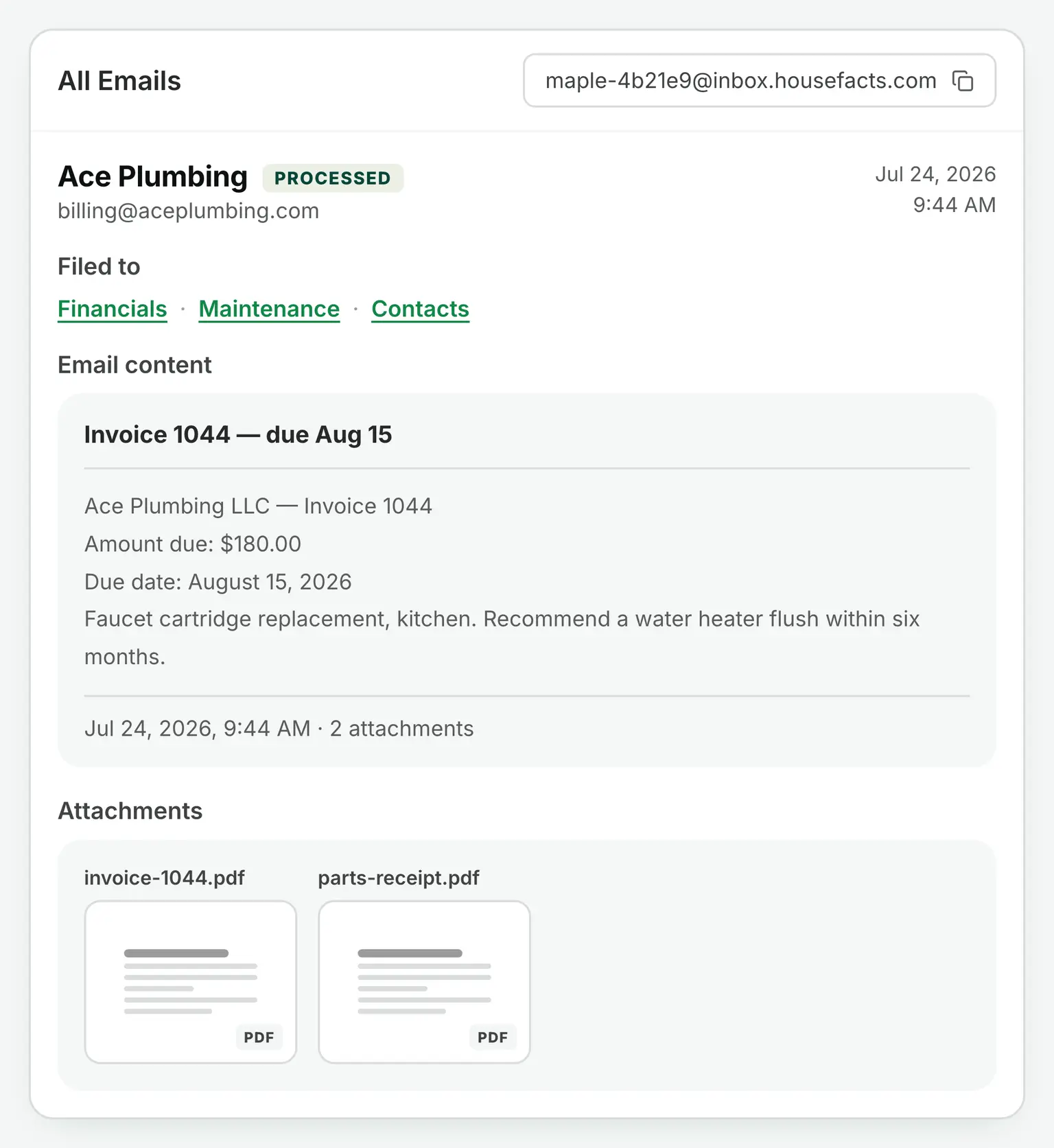 The HouseFacts inbox showing a forwarded plumbing invoice: the email's body text is kept in full, both PDF attachments are listed separately, and a Filed to row shows it was filed to Financials, Maintenance, and Contacts