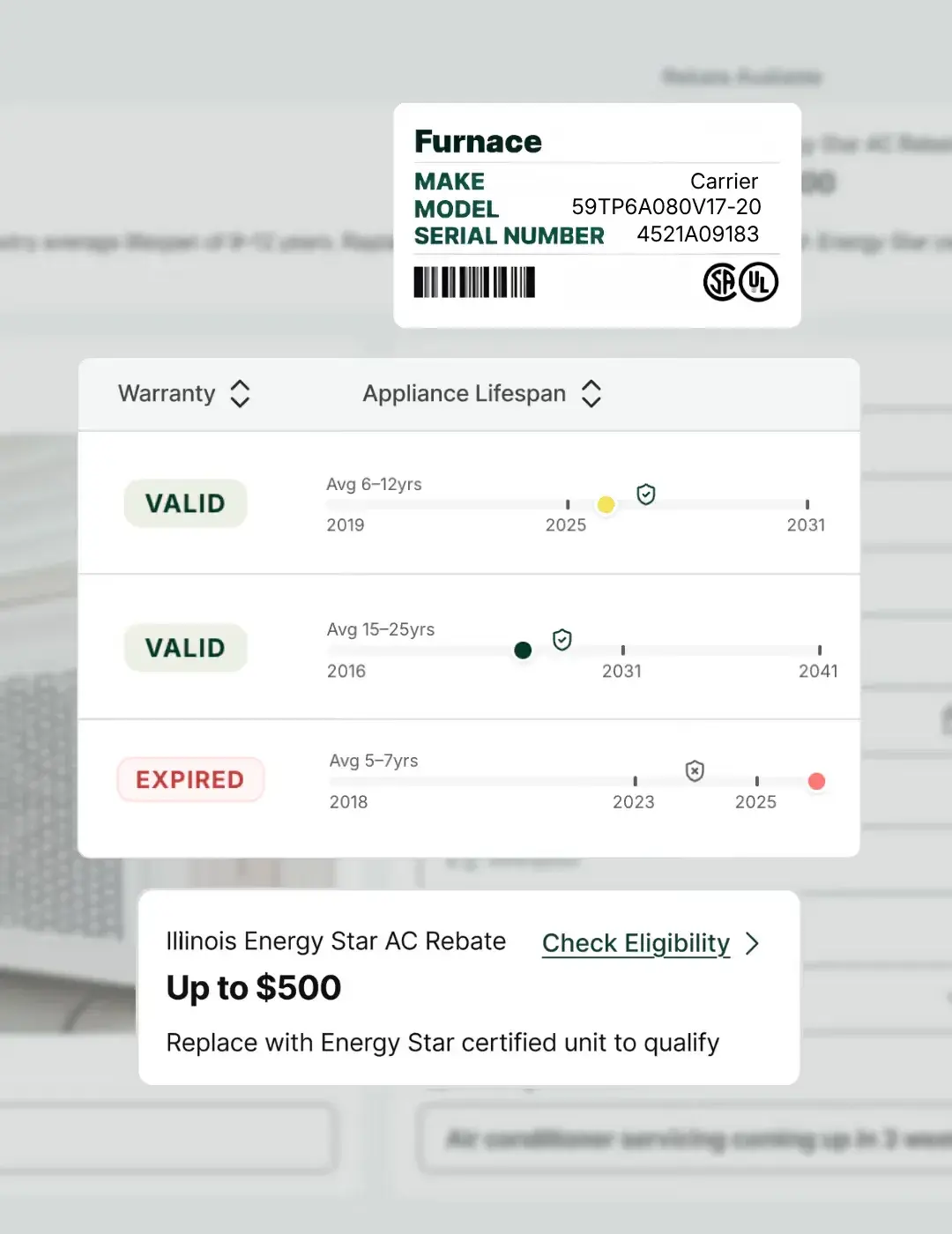 HouseFacts Appliance Intelligence showing a furnace serial number decoded into lifespan and warranty status