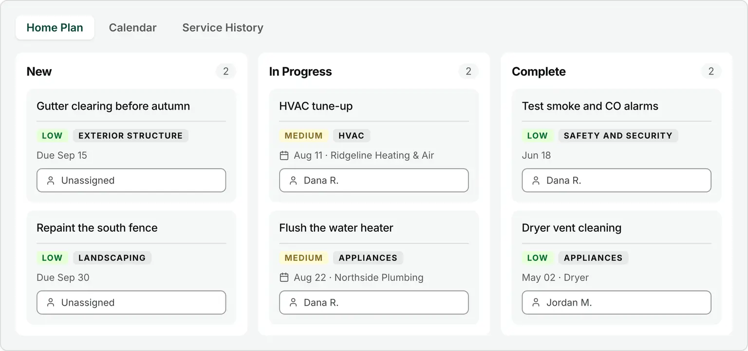 The HouseFacts Home Plan tasks board, with home maintenance jobs in New, In Progress, and Complete columns