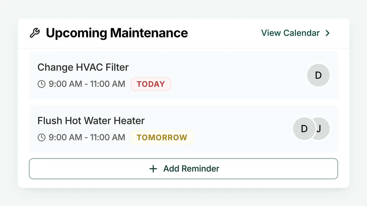 The HouseFacts Upcoming Maintenance card, listing the next two jobs on a home with the day each falls on and who is looking after it