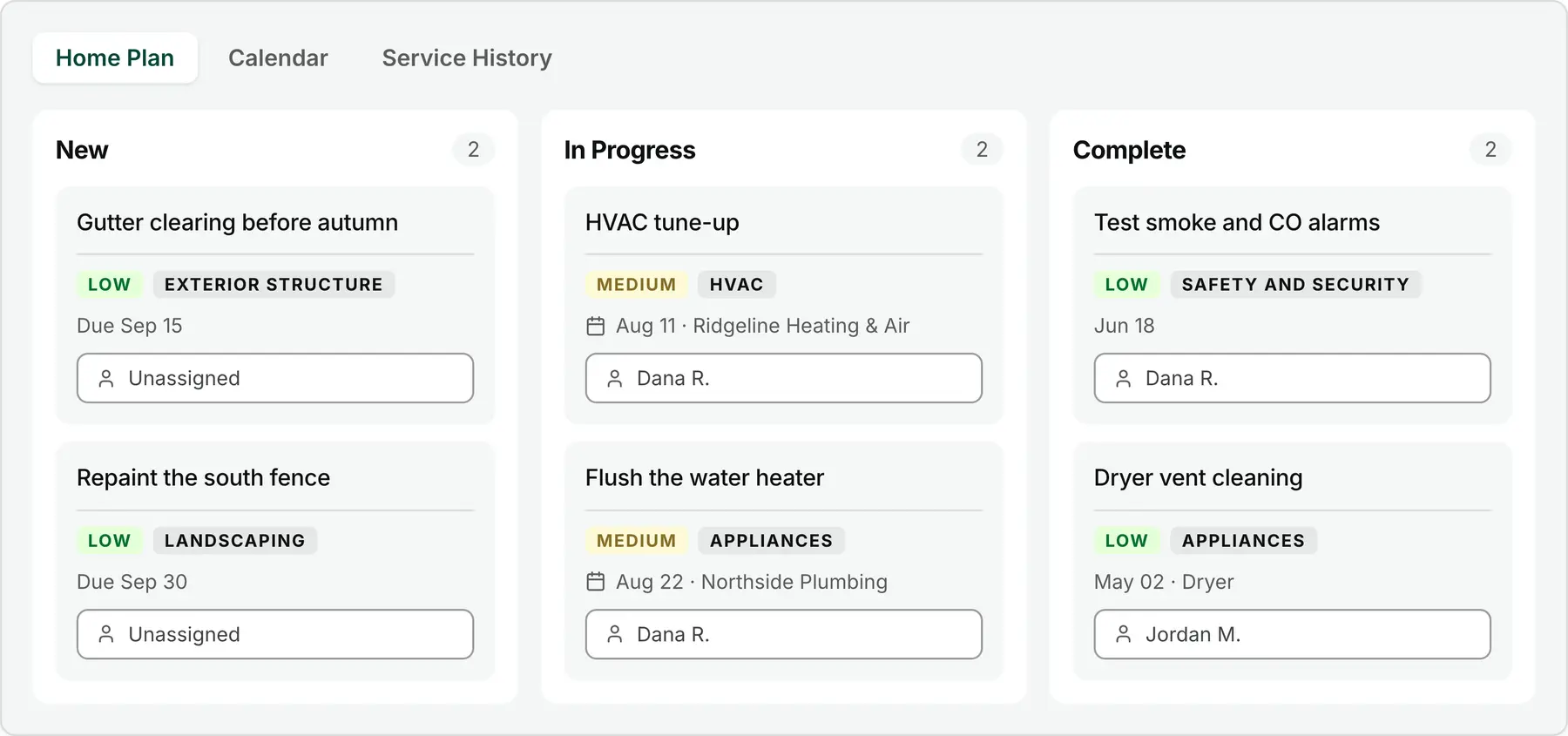 The HouseFacts Home Plan board with New, In Progress, and Complete columns, each task card showing its category, urgency, due date, and who it is assigned to
