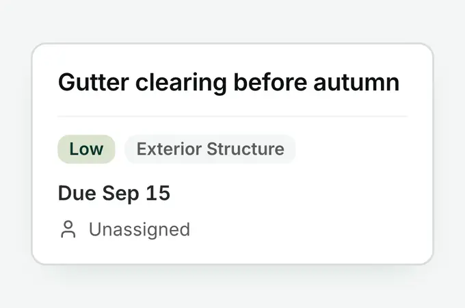 A Home Plan task titled "Gutter clearing before autumn", tagged Low urgency and Exterior Structure, due Sep 15 and still unassigned.