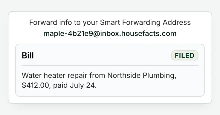 A home's Smart Forwarding address, maple-4b21e9@inbox.housefacts.com, above the record it produced: a bill marked Filed, summarized as a $412.00 water heater repair from Northside Plumbing.