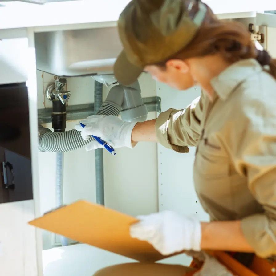 A home inspector checking pipes under a kitchen sink with a clipboard in hand
