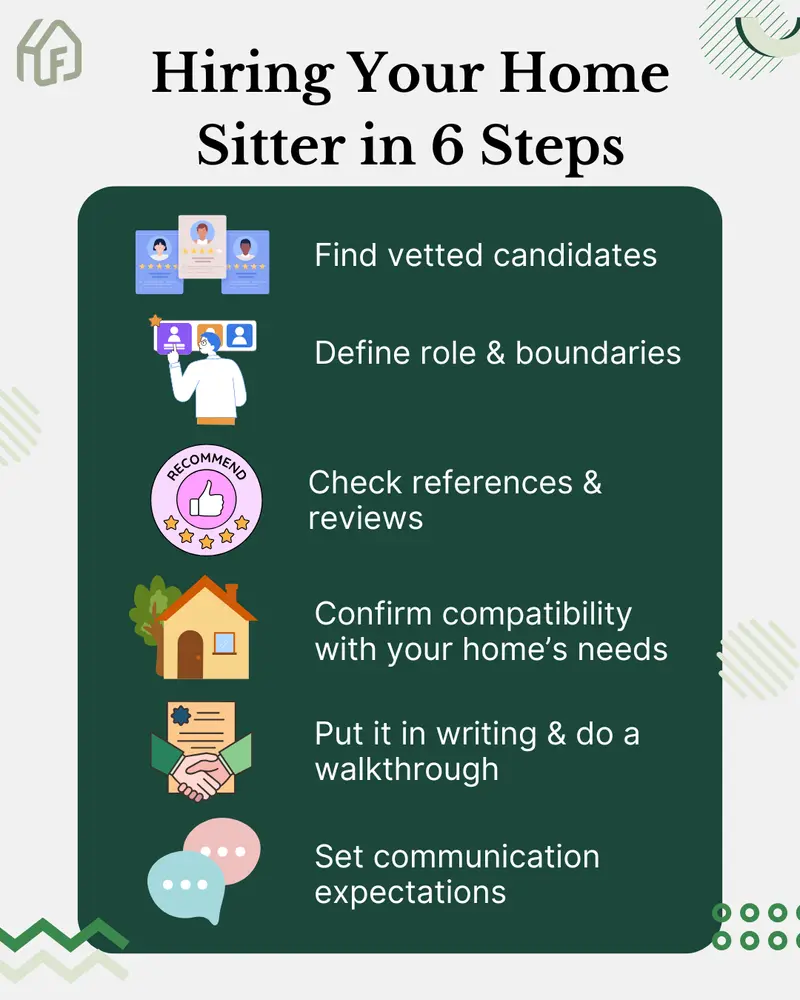 Infographic titled Hiring Your Home Sitter in 6 Steps: find vetted candidates, define role and boundaries, check references and reviews, confirm compatibility with your home's needs, put it in writing and do a walkthrough, and set communication expectations