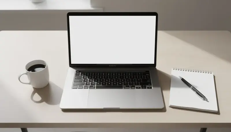 The image depicts an organized desk featuring a laptop, a notepad, and a coffee mug, creating a productive workspace. This setup suggests a focus on detailed information and actionable insights, which could be useful for home inspection reports and checklists.