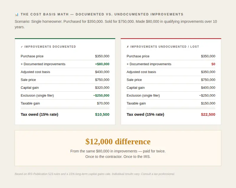 Side-by-side cost basis math for the same home sale: with documented improvements the taxable gain is $70,000 and tax owed is $10,500; with improvements undocumented the taxable gain is $150,000 and tax owed is $22,500, a $12,000 difference