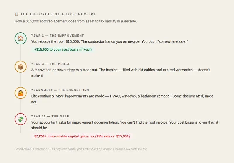 Timeline titled The Lifecycle of a Lost Receipt: a $15,000 roof invoice is filed away in year 1, lost during a clear-out in year 3, forgotten through years 4 to 10, and missing at the year 11 sale, leaving more than $2,250 in avoidable capital gains tax