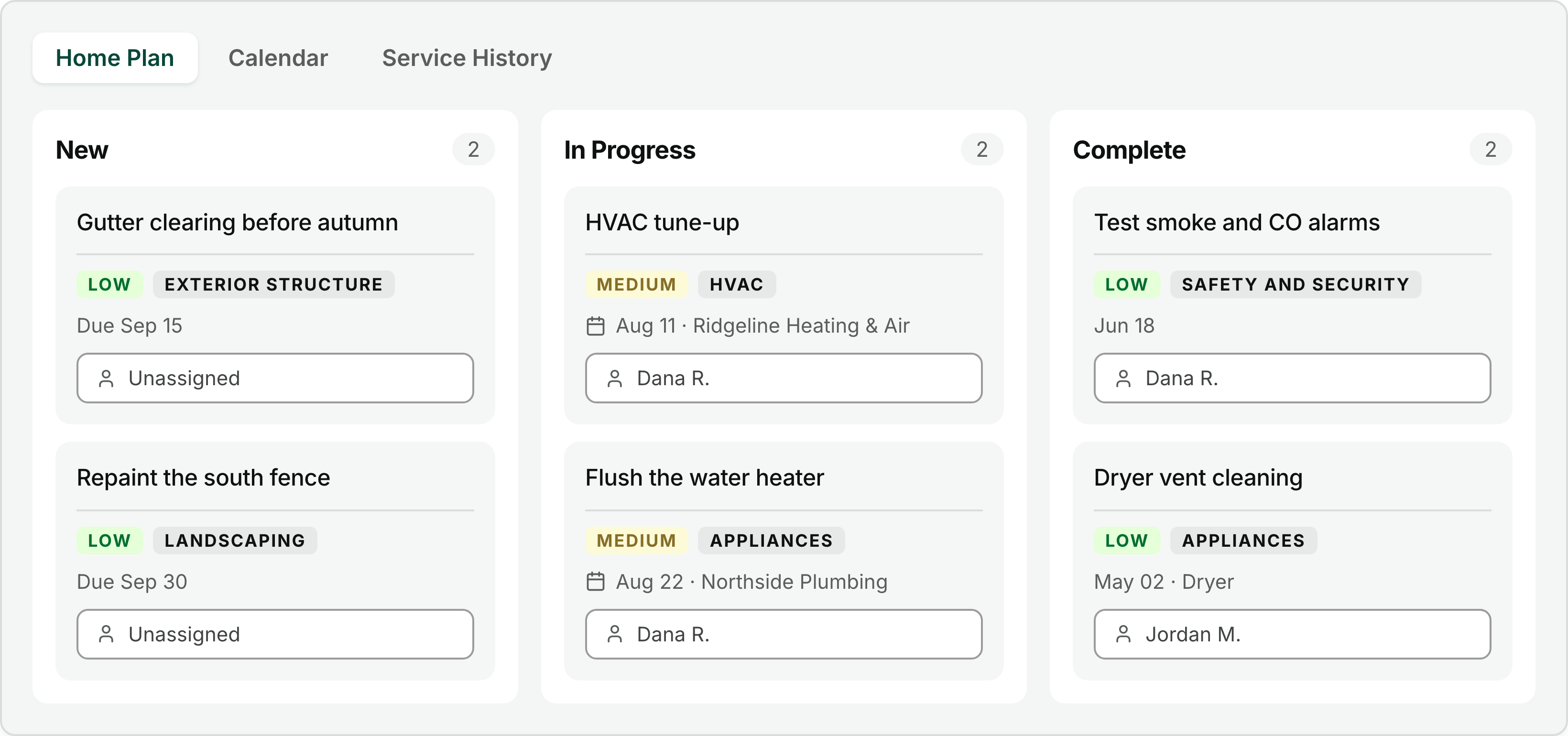 The HouseFacts Home Plan board with New, In Progress, and Complete columns, each task card showing its category, urgency, due date, and who it is assigned to