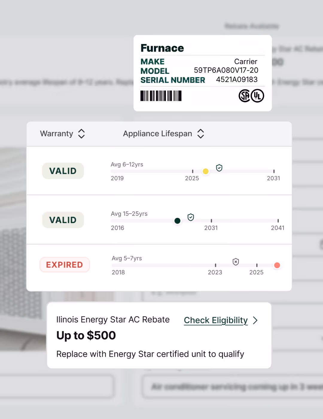An appliance record in HouseFacts showing details read from a photo of the label