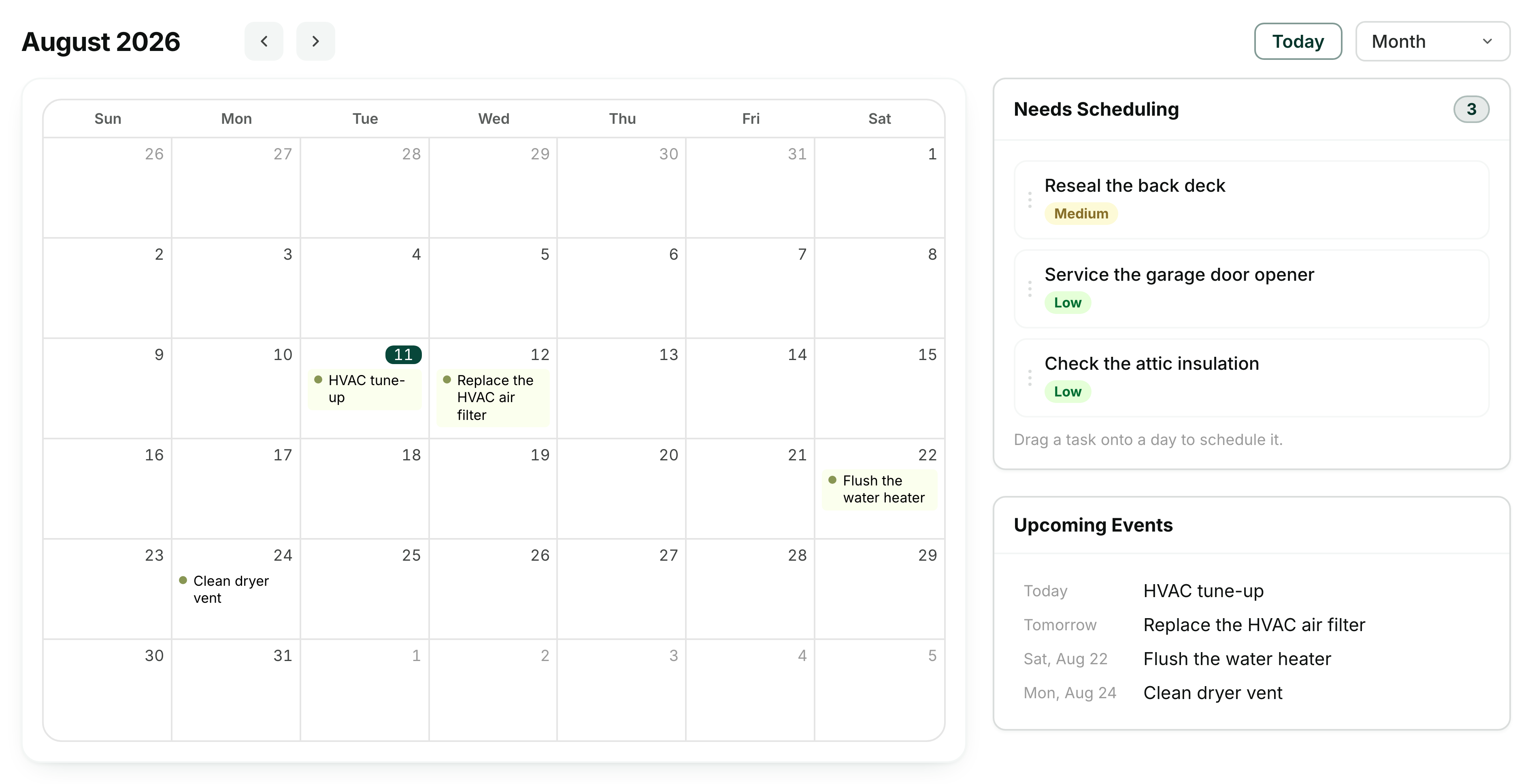 The HouseFacts maintenance calendar for August 2026 with scheduled work on the grid, beside a right-hand rail listing three tasks that still need scheduling and the next four upcoming events