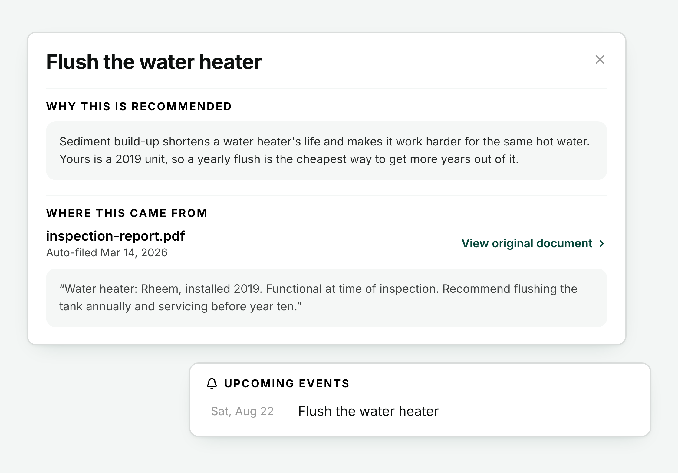 A HouseFacts recommended task, Flush the water heater, showing why it is recommended, the inspection report it was drawn from with the inspector's exact line quoted, and the calendar entry it became