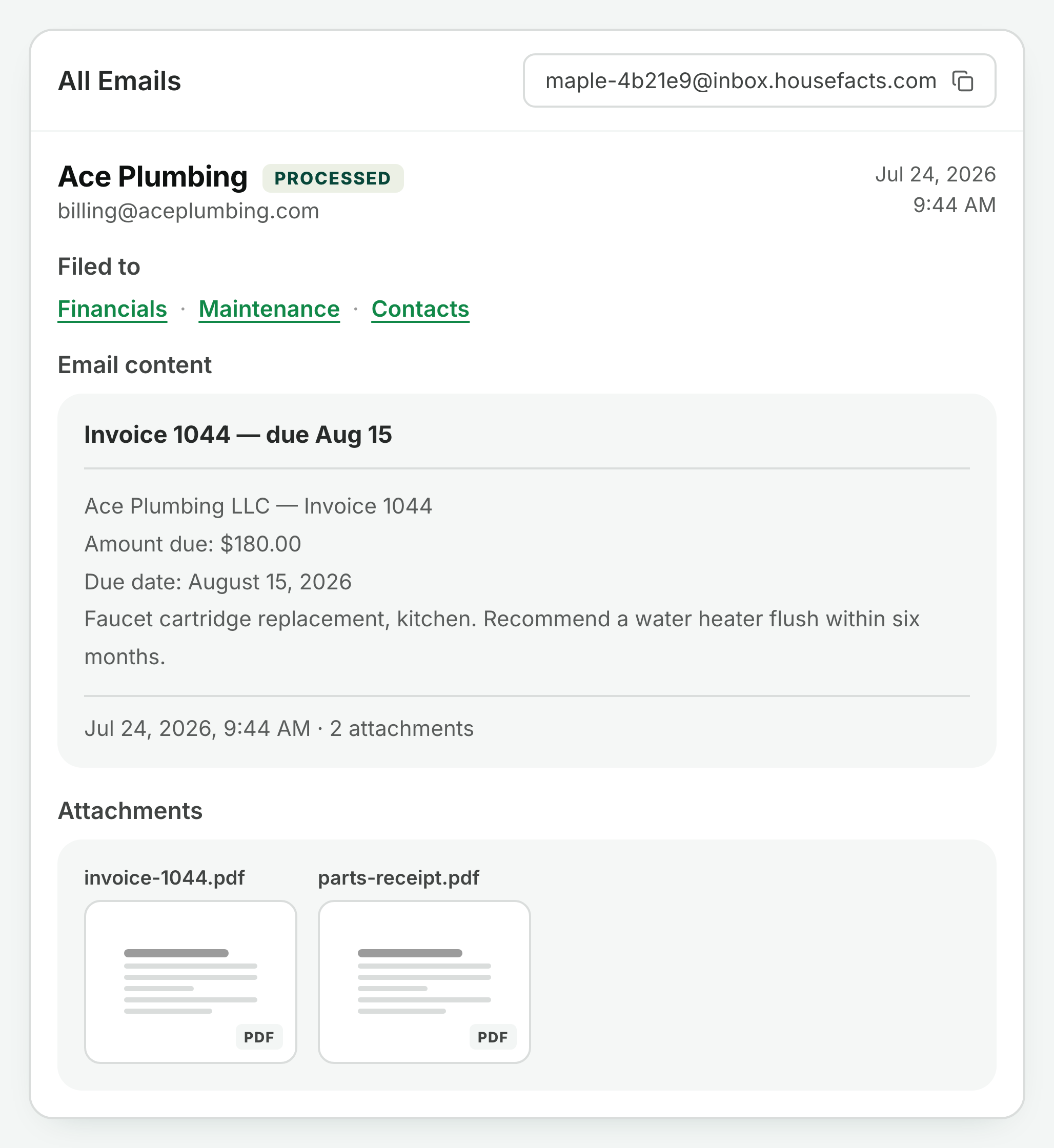 The HouseFacts inbox showing a forwarded plumbing invoice: the email's body text is kept in full, both PDF attachments are listed separately, and a Filed to row shows it was filed to Financials, Maintenance, and Contacts